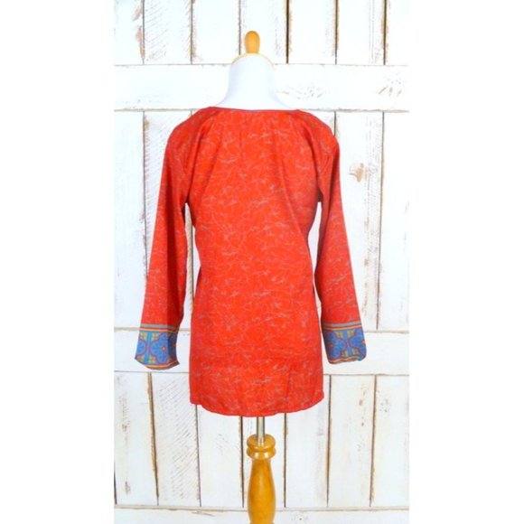 Vintage red silk blend Indian print long tunic blouse - Picture 3 of 4